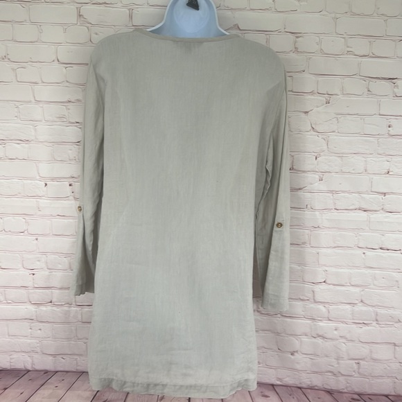 Ellen Tracy company linen tan long tab sleeve top size medium - Picture 8 of 12